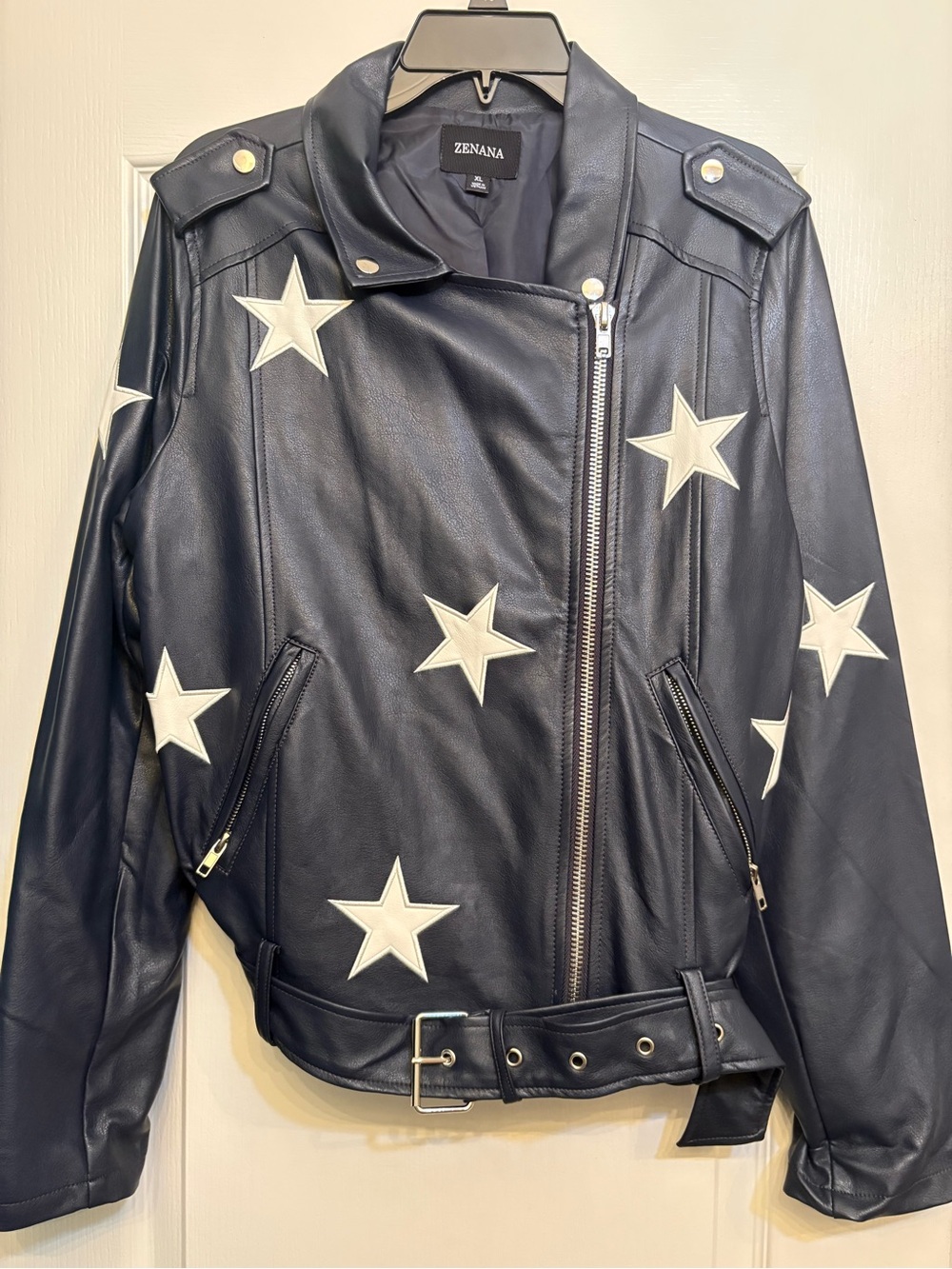 NWOT ZENANA  Navy blue Faux Leather Star Moto Jacket XL